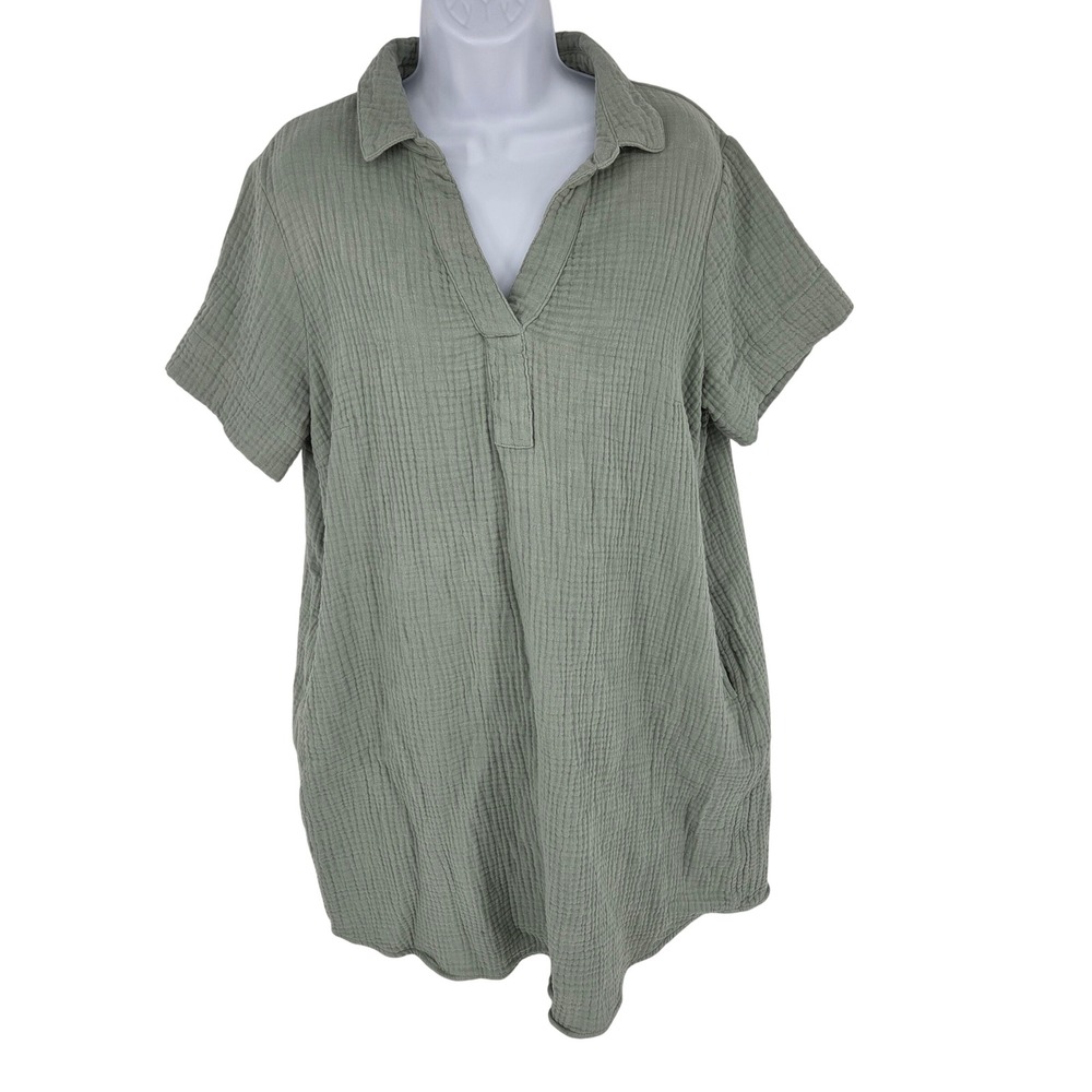 Three Dots Womens Sage Green Cotton Gauze Short Sleeve V-Neck Shift Dress Large